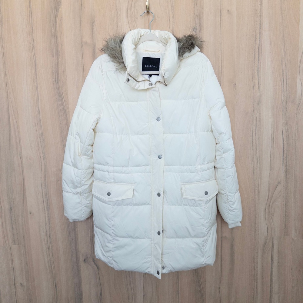 Talbots Womens Puffer Coat M Ivory Faux Fur Trim Hood Down Alternative Winter
